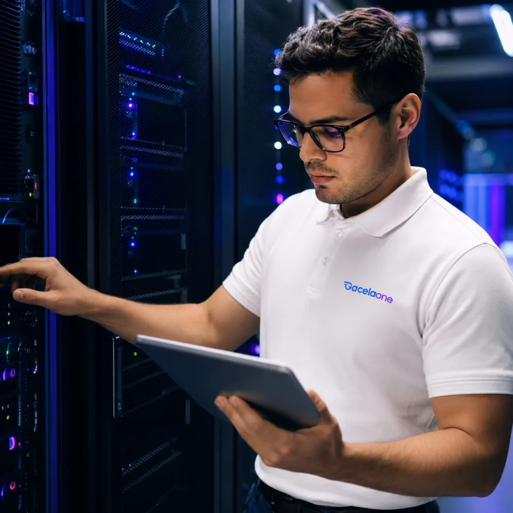 Técnico de GacelaOne gestionando servidores en un centro de datos